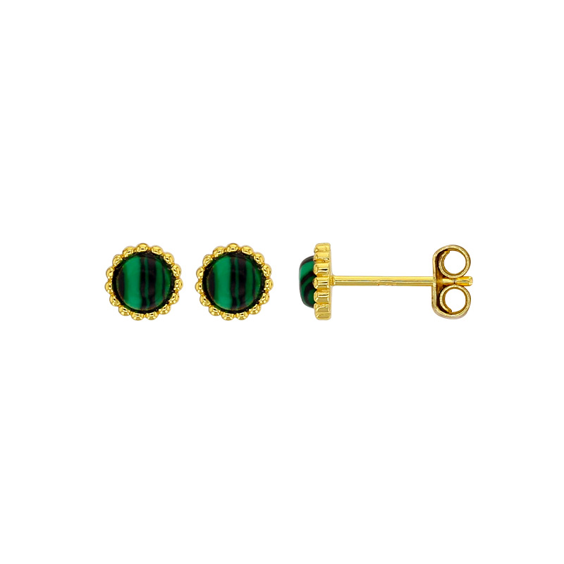 Boucles d'oreilles puces rondes perlées ornées d'une améthyste, argent 925/1000 doré
