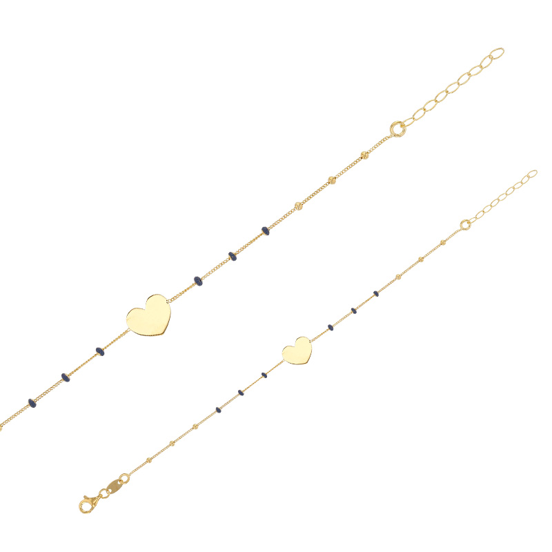 Bracelet coeur lisse, chaîne boules dorées et émail bleu, argent 925/1000 doré