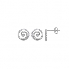 Boucles d'oreilles puces spirales pavées d'oxydes avec trèfles, argent 925/1000 platiné