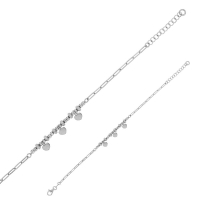 Bracelet coeurs, boules, toupies diamantées, maille rectangle argent 925/1000 platiné
