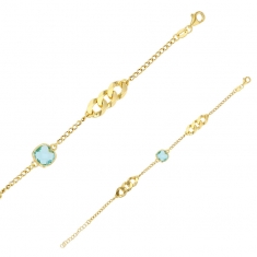 Bracelet cristal carré bleu aigue-marine facetté, maille gourmette, argent 925/1000 doré
