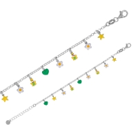 Bracelet étoiles, fleurs, grenouilles en émail, argent 925/1000 platiné