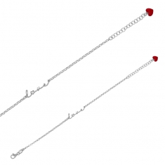 Bracelet love,  chaînette de surêté coeur rouge en émail, argent 925/1000 platiné
