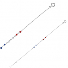 Bracelet orné de 6 perles en verre teinté bleu, blanc et rouge facetté, argent 925/1000 platiné