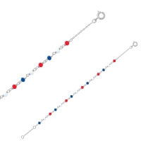 Bracelet orné de perles en verre teinté bleu, blanc et rouge facetté, argent 925/1000 platiné