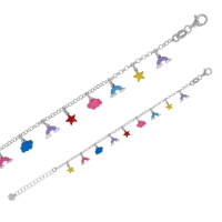 Bracelet pampilles arc-en-ciel, étoiles, nuages multicolores en émail, argent 925/1000 platiné