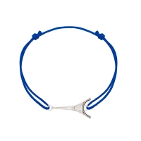 Bracelet réglable Tour Eiffel, cordon nylon bleu, argent 925/1000 platiné