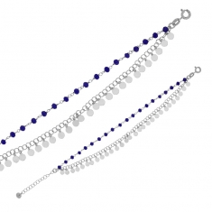 Bracelet 2 rangs cristaux bleu électrique et pampilles rondes, argent 925/1000 platiné