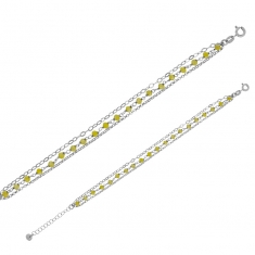 Bracelet 3 rangs cristaux de couleur citrine et ovales ciselés, argent 925/1000 platiné