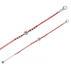 Bracelet ballon de foot en émail noir et blanc, cordon nylon rouge, argent 925/1000 platiné