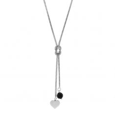 Collier lasso coeur et perle de verre noire, argent 925/1000 platiné
