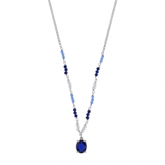 Collier perles de verre bleu clair, bleu nuit et blanches, argent 925 platiné