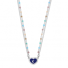 Collier coeur émail bleu, chaîne perles de verre, argent 925/1000 platiné