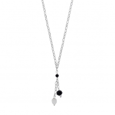 Collier cristaux facettés noirs, perle de culture d'eau douce, argent 925/1000 platiné