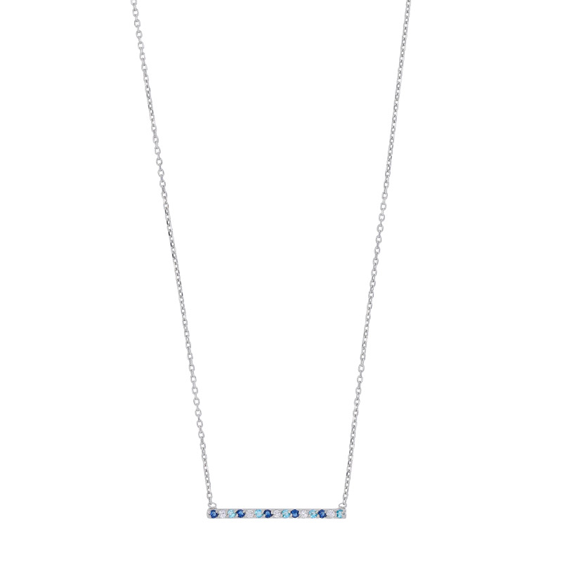 Collier ligne d'oxydes de couleurs blancs et bleus, argent 925/1000 platiné