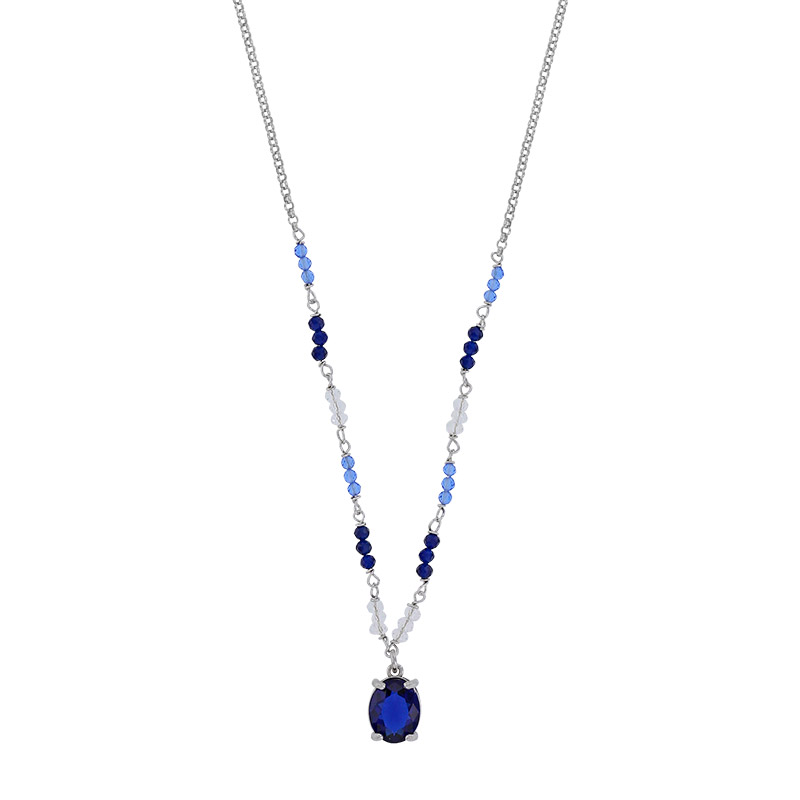 Collier perles de verre bleu clair, bleu nuit et blanches, argent 925 platiné