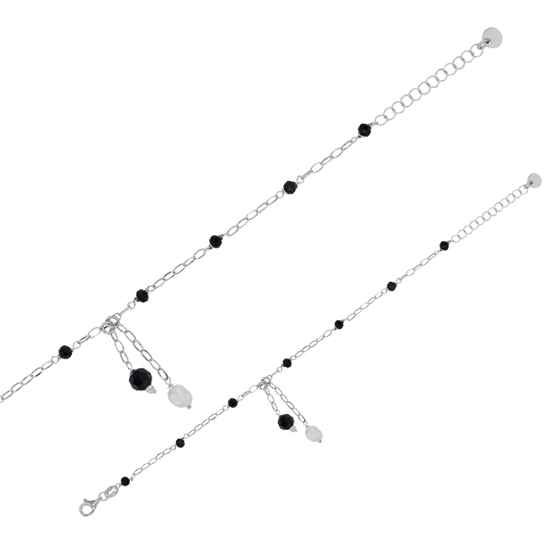 Bracelet cristaux facettés noirs, perle de culture d'eau douce, argent 925/1000 platiné