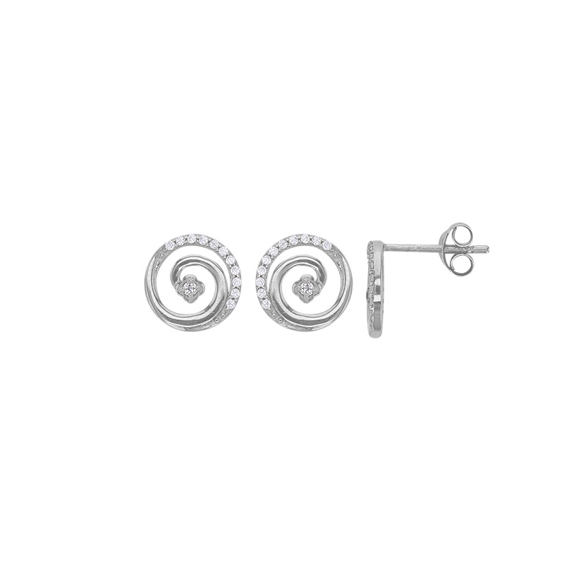 Boucles d'oreilles puces spirales pavées d'oxydes avec trèfles, argent 925/1000 platiné