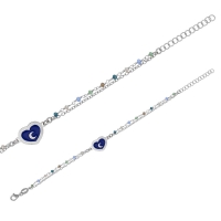 Bracelet 2 rangs perles de verre et coeur en émail bleu et lune, argent 925/1000 platiné