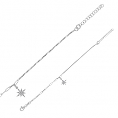 Bracelet étoile du nord oxydes maille forçat allongée et gourmette, argent 925/1000 platiné