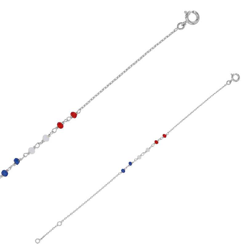 Bracelet orné de 6 perles en verre teinté bleu, blanc et rouge facetté, argent 925/1000 platiné