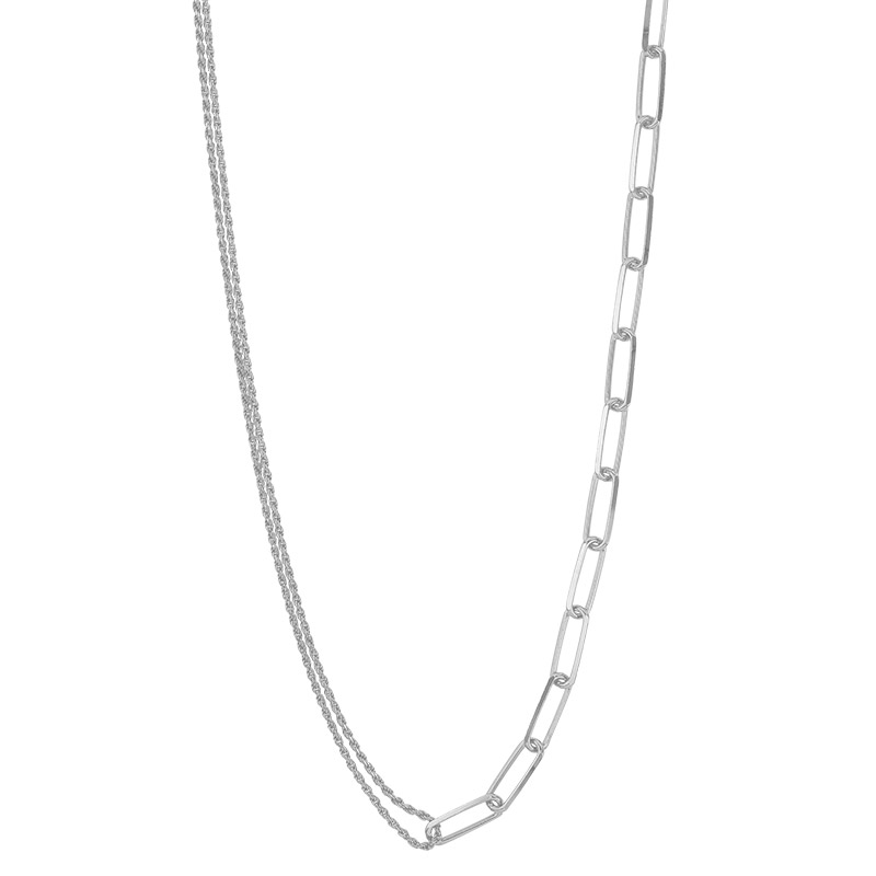 Collier maille rectangle arrondi et double chaîne torsadée, argent 925/1000 platiné