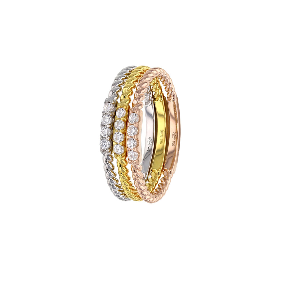 Bague 3 anneaux en couleur argent 925/1000 rhodié, doré et doré-rose avec oxydes de zirconium