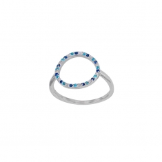 Bague cercle serti d'oxydes de couleurs blancs et bleus, argent 925/1000 platiné