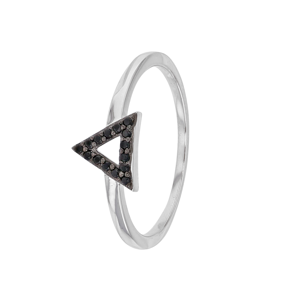 Bague argent 925/1000 rhodié avec pierres synthétiques noires - triangle