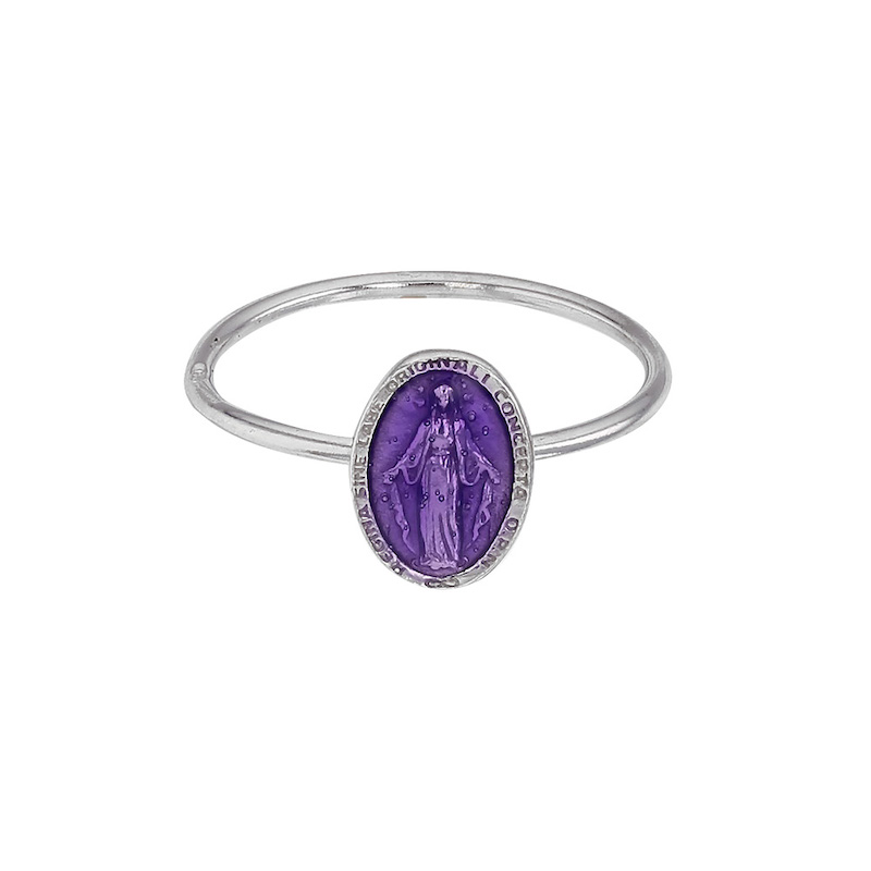 Bague GIPSY MARIA en Argent 925/1000 rhodié médaille miraculeuse émail violet