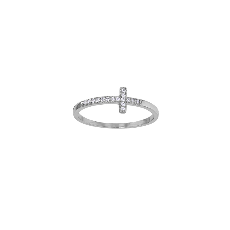 Bague forme croix ornée d'oxydes, argent 925/1000 rhodié
