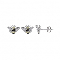 Boucles d'oreilles abeilles, oxydes blancs et jaunes, spinelles noirs, argent 925/1000 rhodié