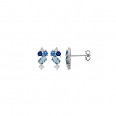 Boucles d'oreilles allongées oxydes bleus et blancs, argent 925/1000 rhodié