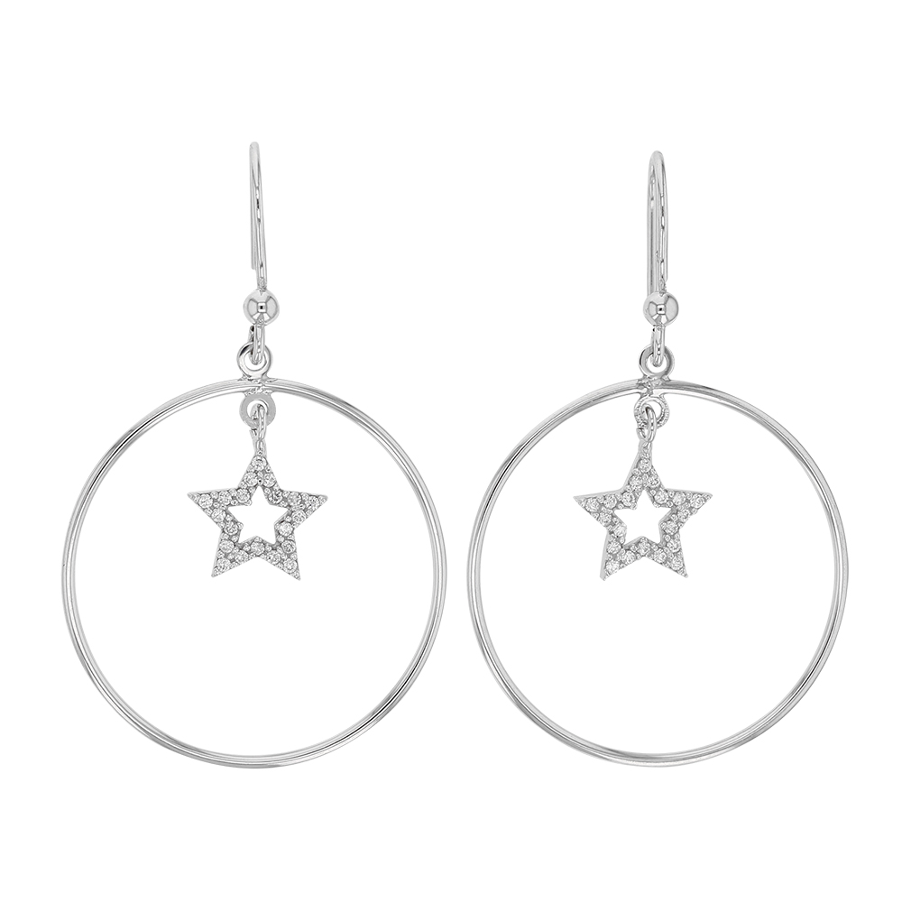 Boucles d'oreilles argent rhodié 925/1000 avec cercle et étoile avec oxydes de zirconium