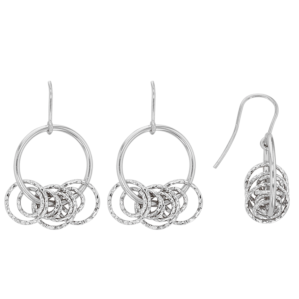 Boucles d'oreilles argent rhodié 925/1000 avec grand cercle lisse et petits cercles aspect diamanté
