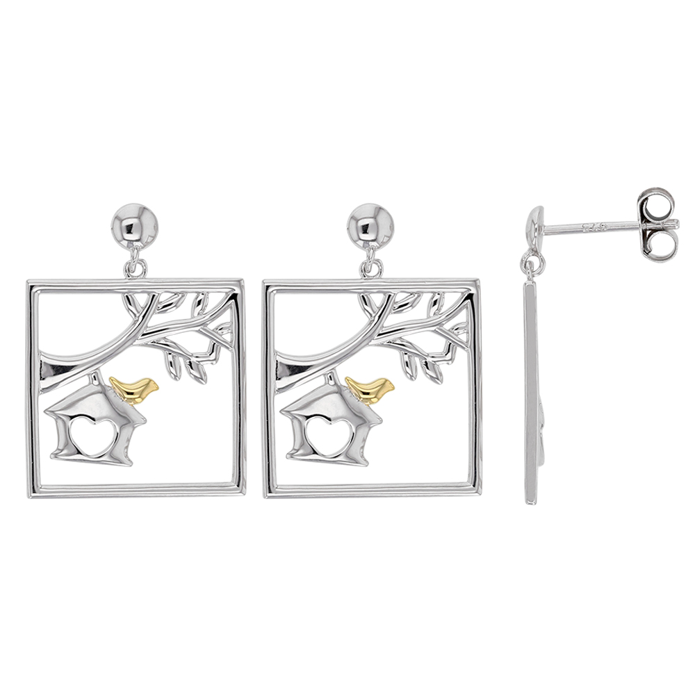 Boucles d'oreilles argent 925/1000 rhodié - carré avec arbre, nichoir et oiseau plaqué or