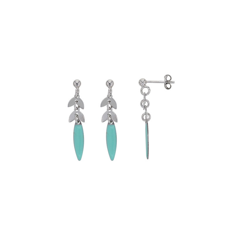 Boucles d'oreilles argent 925/1000 rhodié pendantes avec émail bleu turquoise