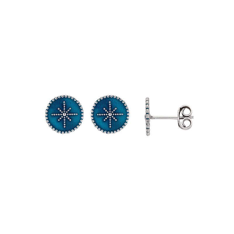 Boucles d'oreilles en argent 925/1000 rhodié avec ronds en émail bleu métallisé avec étoile