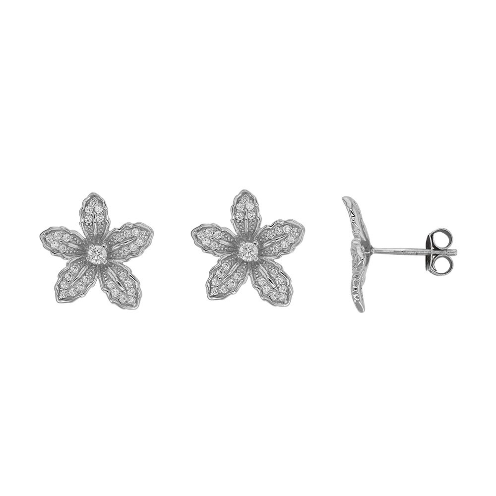 Boucles d'oreilles en argent 925/1000 rhodié Fleur en oxydes de zirconium