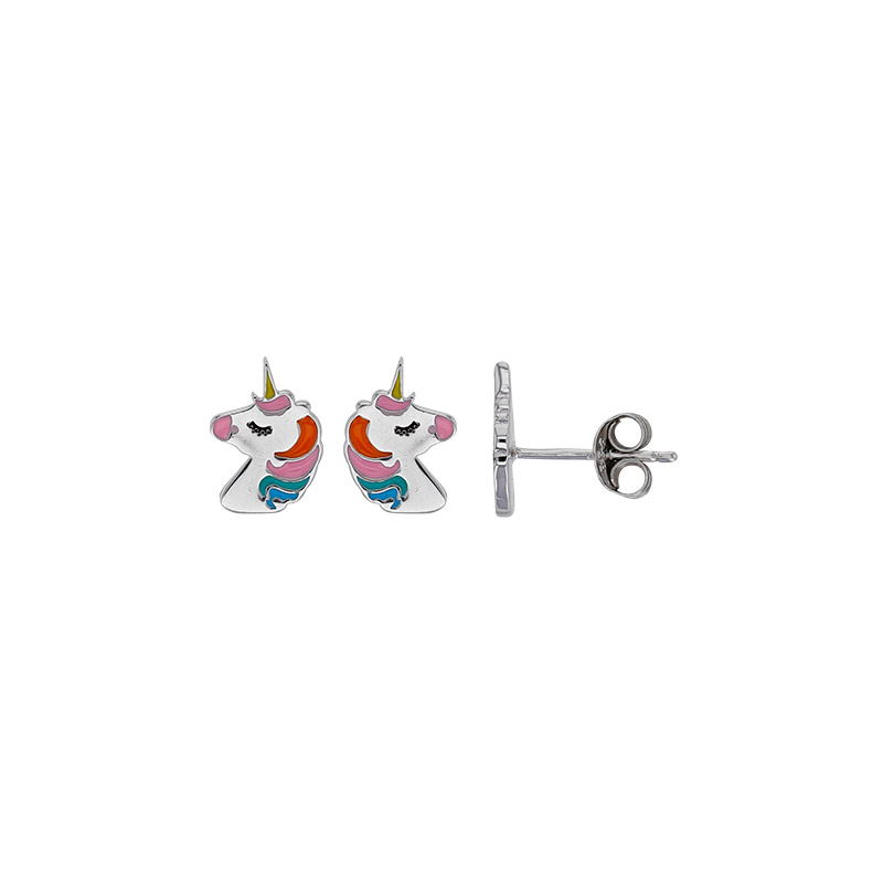 Boucles d'oreilles licornes émail de couleur, argent 925/1000 rhodié