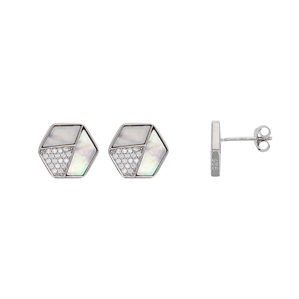 Boucles d'oreilles MADRE PERLA hexagone en Argent rhodié 925/1000 oxydes de zirconium et nacre