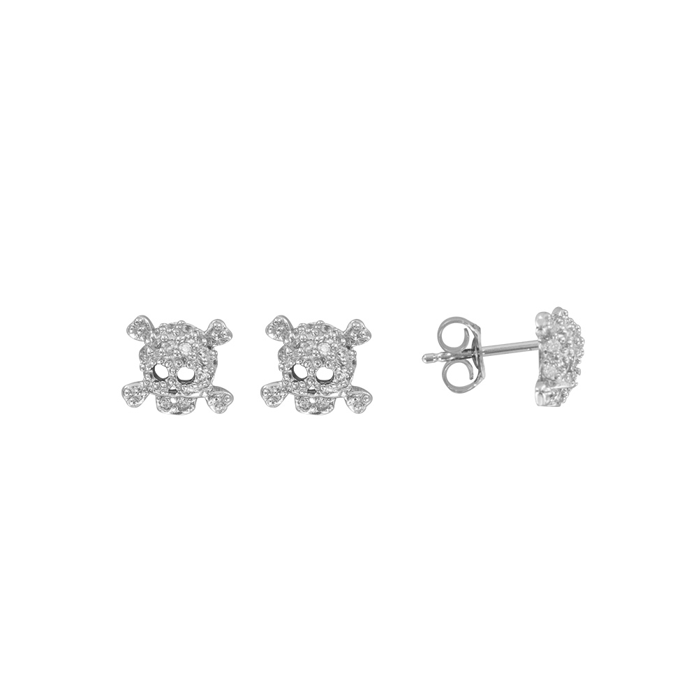 Boucles d'oreilles microserti Tête de mort en oxydes de zirconium en argent rhodié 925/1000