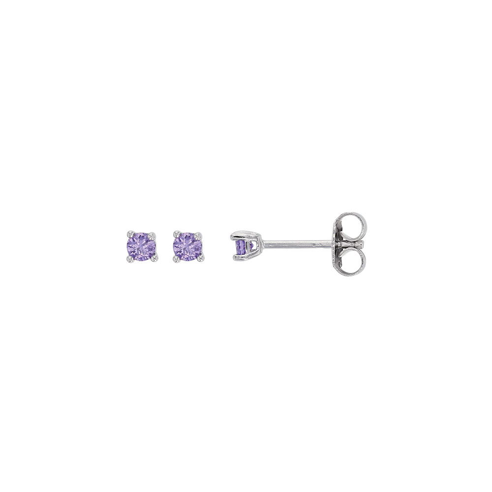 Boucles d'oreilles oxyde teinté violet 3mm, 4 griffes, argent 925/1000 rhodié