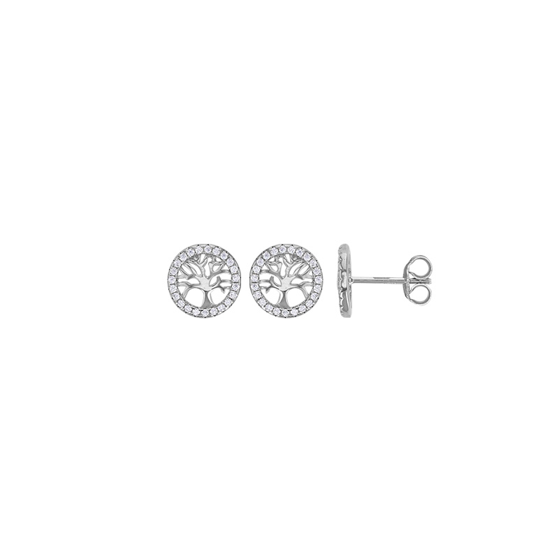 Boucles d'oreilles puces arbre de vie lisse cerclé d'oxydes, argent 925/1000 rhodié