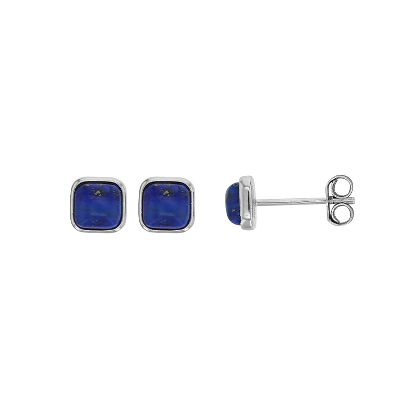 Boucles d'oreilles puces cabochon carré lapis-lazuli, argent 925/1000 rhodié
