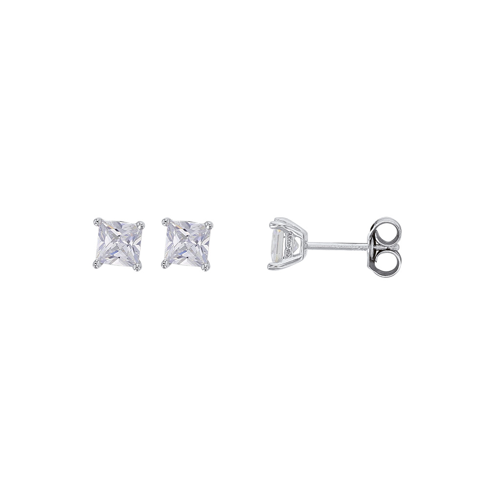 Boucles d'oreilles puces carrées avec oxydes de zirconium en argent rhodié 925/1000