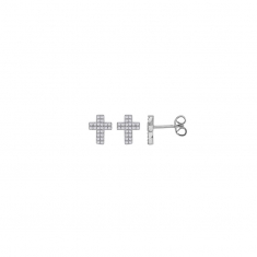 Boucles d'oreilles puces croix pavées d'oxydes, argent 925/1000 rhodié