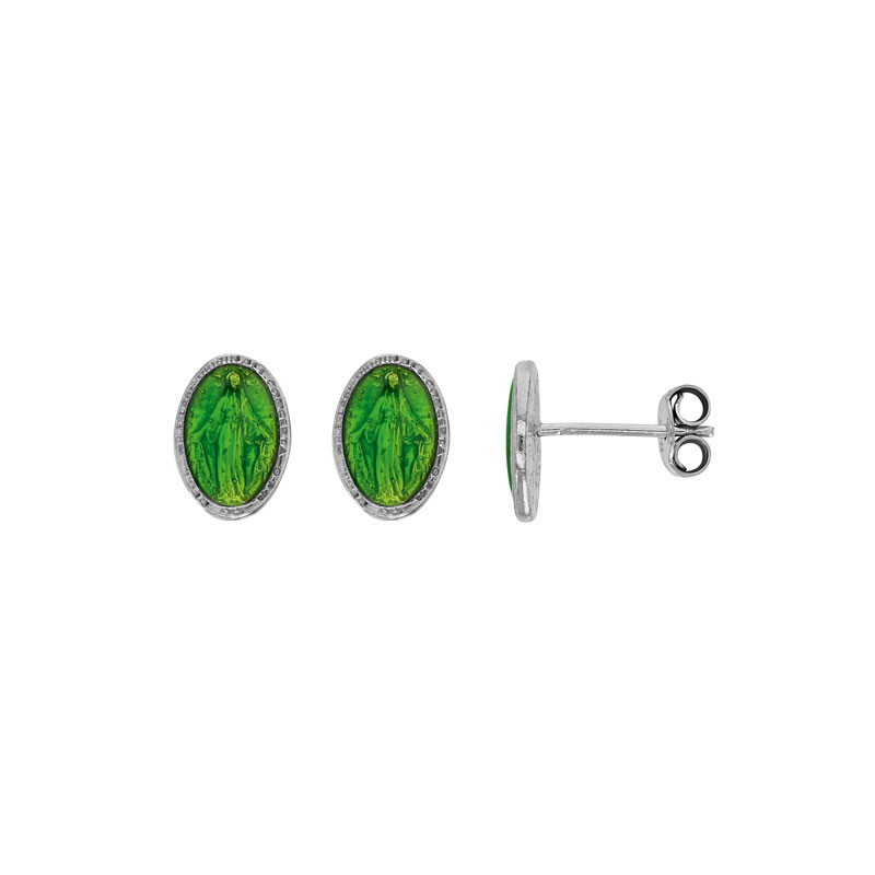Boucles d'oreilles puces en argent 925/1000 rhodié GYPSY MARIA Madone vert émeraude avec émail