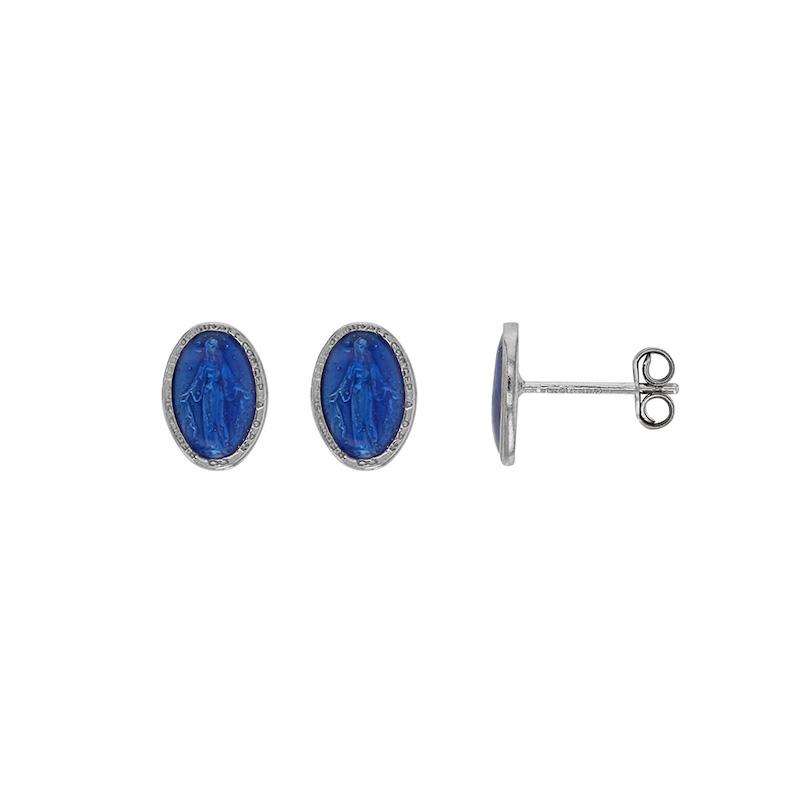 Boucles d'oreilles puces GYPSY MARIA en argent 925/1000 rhodié - Madone bleu avec émail