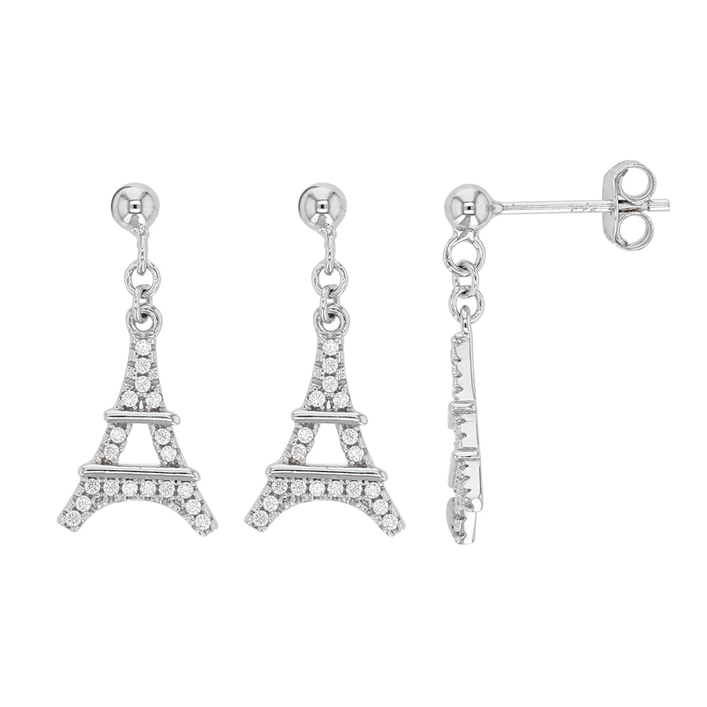 Boucles d'oreilles Tour Eiffel avec oxydes de zirconium en argent 925/1000 rhodié